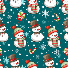 Cute snowman Seamless Pattern. Cute character cartoon. Snowman, Snowflake, candy and Snow falling. Green background. Vector illustration. Wallpaper, Web page background, Card and banner design.