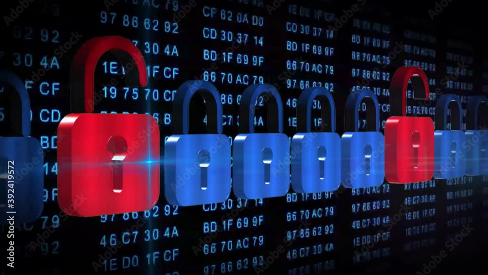 Poster abstract security concept - moved series of padlocks in front of a black background with permanently