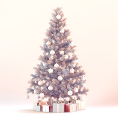 Fabulous multi-colored Christmas tree with gifts. Christmas lovely fir, decorated with toys. With copy space for text
