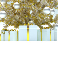 White boxes with gifts under a golden christmas tree. New year lovely pine, decorated with toys. With copy space for text
