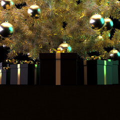 Gifts in black boxes with gold bows under the festive fir tree. Christmas beautiful faux christmas tree, with mirror balls. With copy space for text

