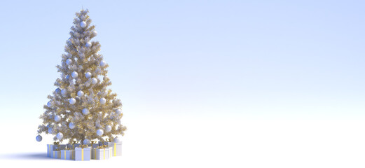 Neutral golden christmas tree with golden gifts. Xmas beautiful pine, with mirror balls. With copy space for text
