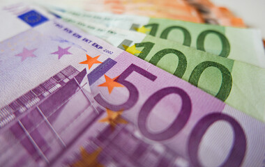 High angle shot of euro banknotes - obrazy, fototapety, plakaty