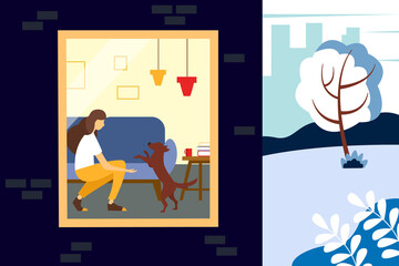 Girl playing with a dog in a cute interior. Illustration of half a house and a street. Winter vector illustration in flat style.