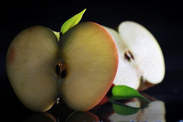 Composition with apple slices on a black background. A slice of apple with back light on a black background with water drops. Juicy apple on a table.