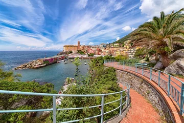 Foto auf Glas Nervi village as seen from "Passeggiata Anita Garibaldi", Italy. A major point of interest in Nervi is this walkway along the ocean cliffs, one of Italy's most beautiful promenades © francis92