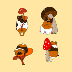 Collection with guinea pigs in brown colours and different mushrooms. Can be used for wallpapers, pattern fills, textile, surface textures