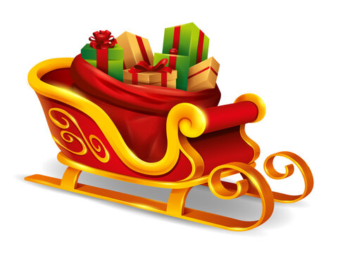 Christmas Santa Claus sleigh with sack bag loaded with gift box presents. Isolated.