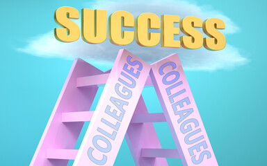 Colleagues ladder that leads to success high in the sky, to symbolize that Colleagues is a very important factor in reaching success in life and business., 3d illustration