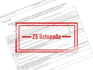 Informacja o terminie złożenia deklaracji JPK V7 do Urzędu Skarbowego w Polsce - obrazy, fototapety, plakaty