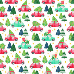 Watercolor Christmas red truck seamless pattern. New year background, Christmas tree, wrapping digital paper, textile pattern with Christmas red car.