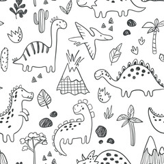 Fototapeta na wymiar Childish Dino seamless pattern with hand drawn dinosaurs in scandinavian style. Cute vector nursery background for fabric, textile, apparel and other covering design