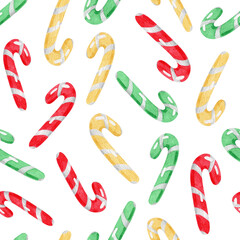 Watercolor Christmas Candy Cane seamless pattern. Red and cream colors. Illustrations of candy canes isolated on the white background
