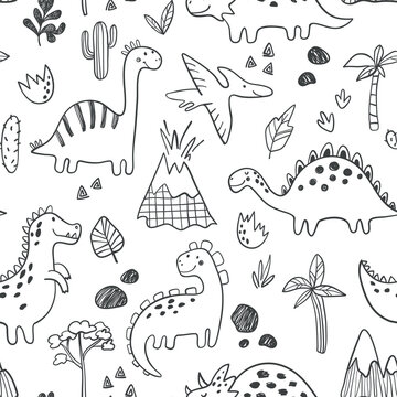 Childish Dino seamless pattern with hand drawn dinosaurs in scandinavian style. Cute vector nursery background for fabric, textile, apparel and other covering design