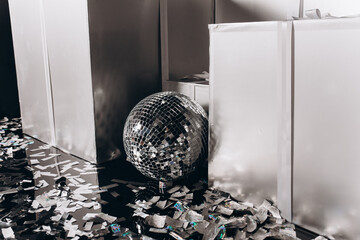 New Year's holiday or celebration, the mood, Stylish Christmas minimalistic interior with disco balls and decorated bath.