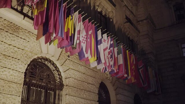 Flags of the OSCE participating States on the headquarters building in Vienna