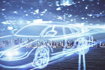 Double exposure of transport theme hologram drawing and city view background. Concept autopilot.