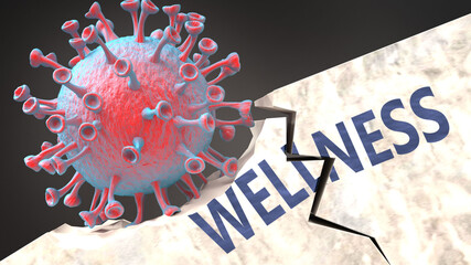 Covid virus destroying wellness - big corona virus breaking a solid, sturdy and established wellness structure, to symbolize problems and chaos caused by covid pandemic, 3d illustration