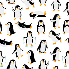 Little penguins in different poses seamless pattern