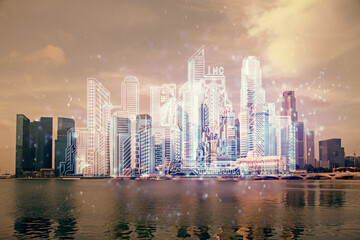 Double exposure of buildings hologram over cityscape background. Concept of smart city.