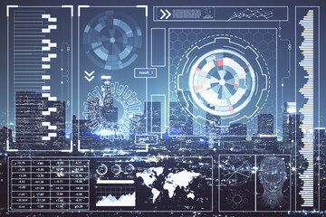 Data theme hologram drawing on city view with skyscrapers background double exposure. Ai concept.