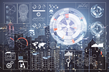 Data theme hologram drawing on city view with skyscrapers background double exposure. Ai concept.