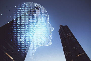 Brain hologram drawing on city scape background Double exposure. Brainstorming concept.