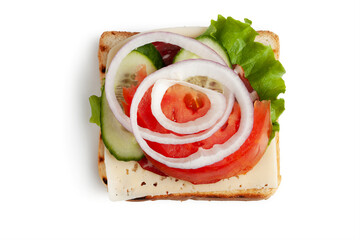Sandwich with meat, cheese and vegetables on a white background.