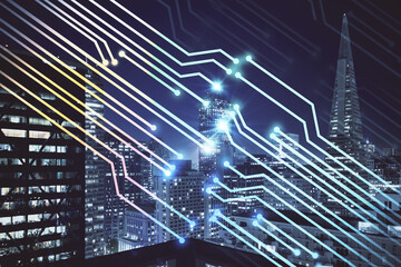 Data theme hologram drawing on city view with skyscrapers background multi exposure. Ai concept.