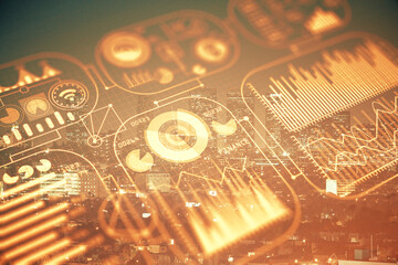 Double exposure of technology theme hologram and cityscape background. Concept of Hightech.