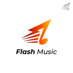 Fast music logo concept, music note with thunder shape, simple musical flat logo template