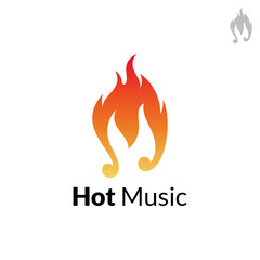 Hot music logo. Music note with fire and letter M simple flat musical logo template