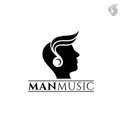 Fototapeta na wymiar Man music logo. Male head with music note and headphone shape, simple flat musical logo concept in black color