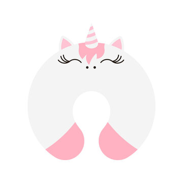 Travel pillow with cute unicorn face icon isolated on white background. Neck protection relaxation accessory with unicorn image. Snooze sign with animal print flat design cartoon vector illustration.