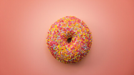 Flat lay of tasty pink colorful glazed and sprinkled donuts isolated on pink background minimalist...