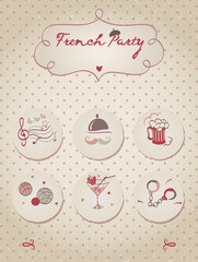 French party background in retro style. Banner design with set of icons