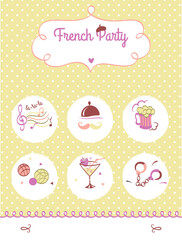 Greeting polka dot vertical banner with set of French symbol. Party invitation