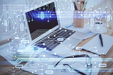 Multi exposure of desktop with computer on background and tech theme drawing. Concept of big data.