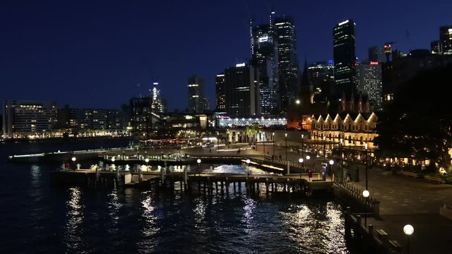 Waterfront of Sydney CBD landmarks in The Rocks and Circular Quay as 4k.
