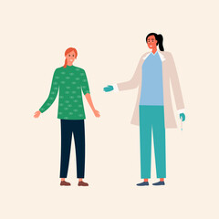 
Cartoon girl in a green stylish sweater at a reception during a pandemic. Cute nurse makes vaccinations for children. Vector flat style. Stop flash. Medical care of people. 