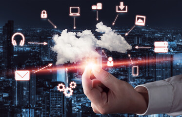 Cloud computing technology and online data storage for global data sharing. Computer connects to...