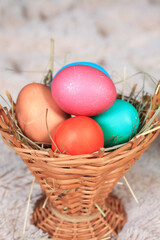 Easter egg in a basket on a blurry background