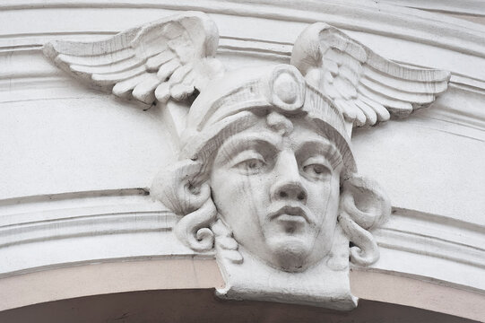 Hermes head mascaron in the winged helmet on an old building in Ivano-Frankivsk Ukraine