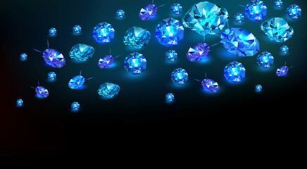 Black background with many scattered blue gems sapphires. Vector illustration.
