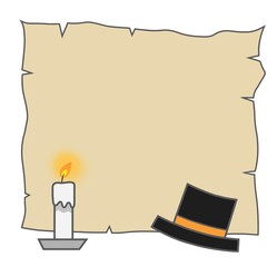 A faded paper with a black hat and a candle