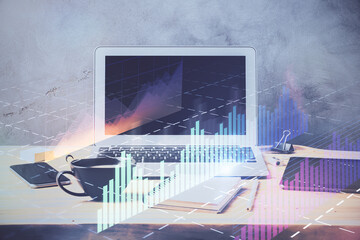 Multi exposure of forex graph and work space with computer. Concept of international online trading.