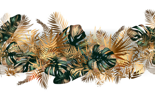 Tropical golden and emerald leaves seamless pattern border frame with vector image. Jungalow style. Botanical theme. Fabulous tropical wallpapers and backgrounds