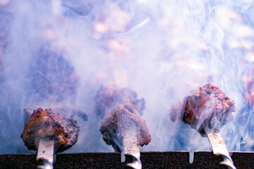 Shish kebab BBQ meat. Raw meat cubes on metal skewer over the coals. Cooking meat kebabs on grill.