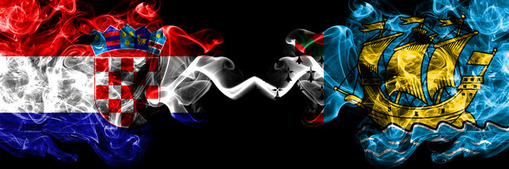 Croatia, Croatian vs France, French, Saint-Pierre and Miquelon smoky mystic flags placed side by side. Thick colored silky abstract smoke flags.