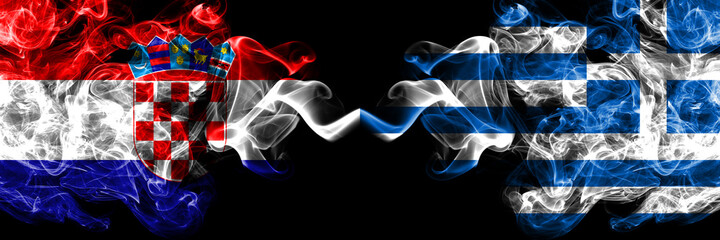 Croatia, Croatian vs Greece, Greek smoky mystic flags placed side by side. Thick colored silky abstract smoke flags.